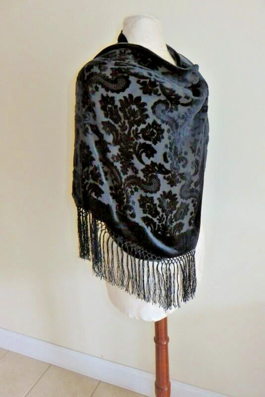 Echo Womans Floral Wrap Shawl Silk Scarf 80" x 20" Black Satin Textured/Sheer Fr - Image 4 of 4