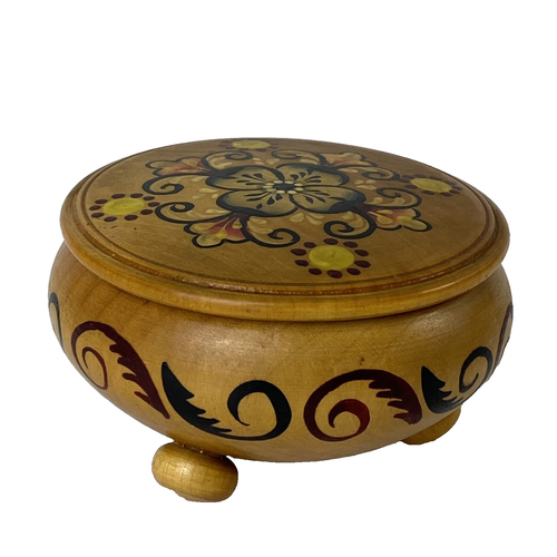 Vintage skandinavische runde Holz Schmuckschatulle mit Fuß und Deckel Rosemaling Norweger