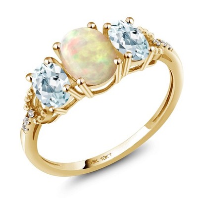 10K Yellow Gold  Created Ruby Aquamarine and Diamond 3-Stone Engagement Ring
