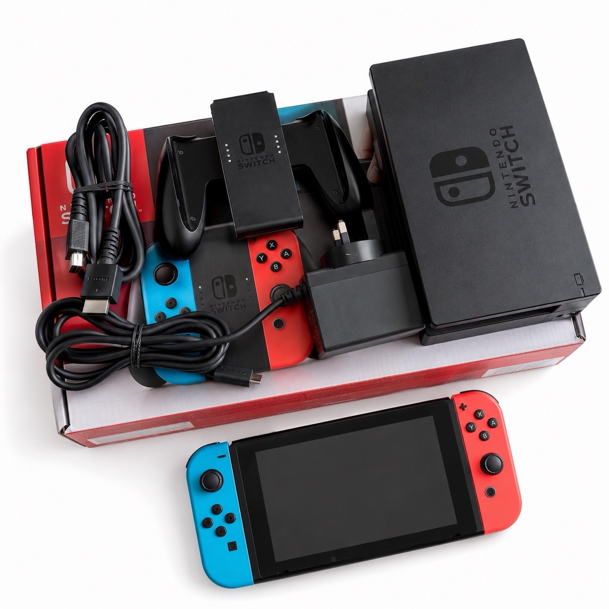 Nintendo Switch Console Bundle Neon Red & Blue Joy-Cons Dock Charger Accessories