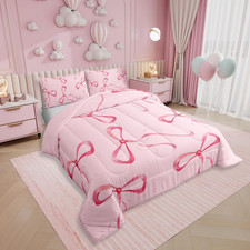 Pink Bow Bedding Set Twin Cute Kawaii Bow Comforter Set for Girls Kids Teen Wome