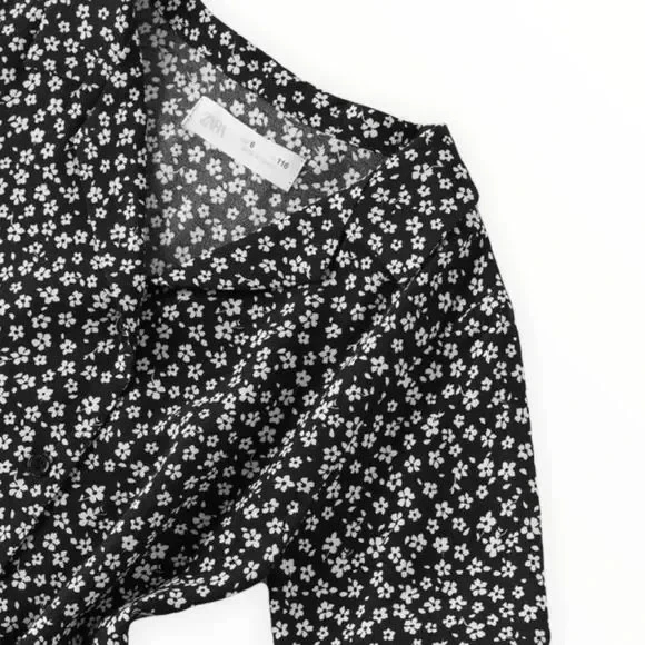 Niñas Niños Zara Negro Floral Camisa Vestido Fluido Manga Corta Cottagecore Talla 7 Foto 2 de 4