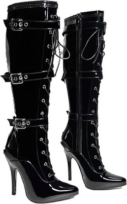 Damen High Heel Kniehohe Stiefel Schnürung Stiletto mit 3 Schnallen & seitlichem Reißverschluss