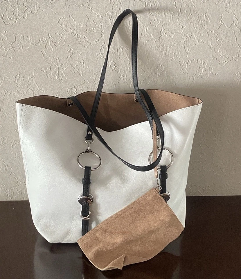 ALEXANDER WANG ACE 大号托特包购物袋白色皮革黑色饰边罕见 795 美元 — 第 4/4 张图片