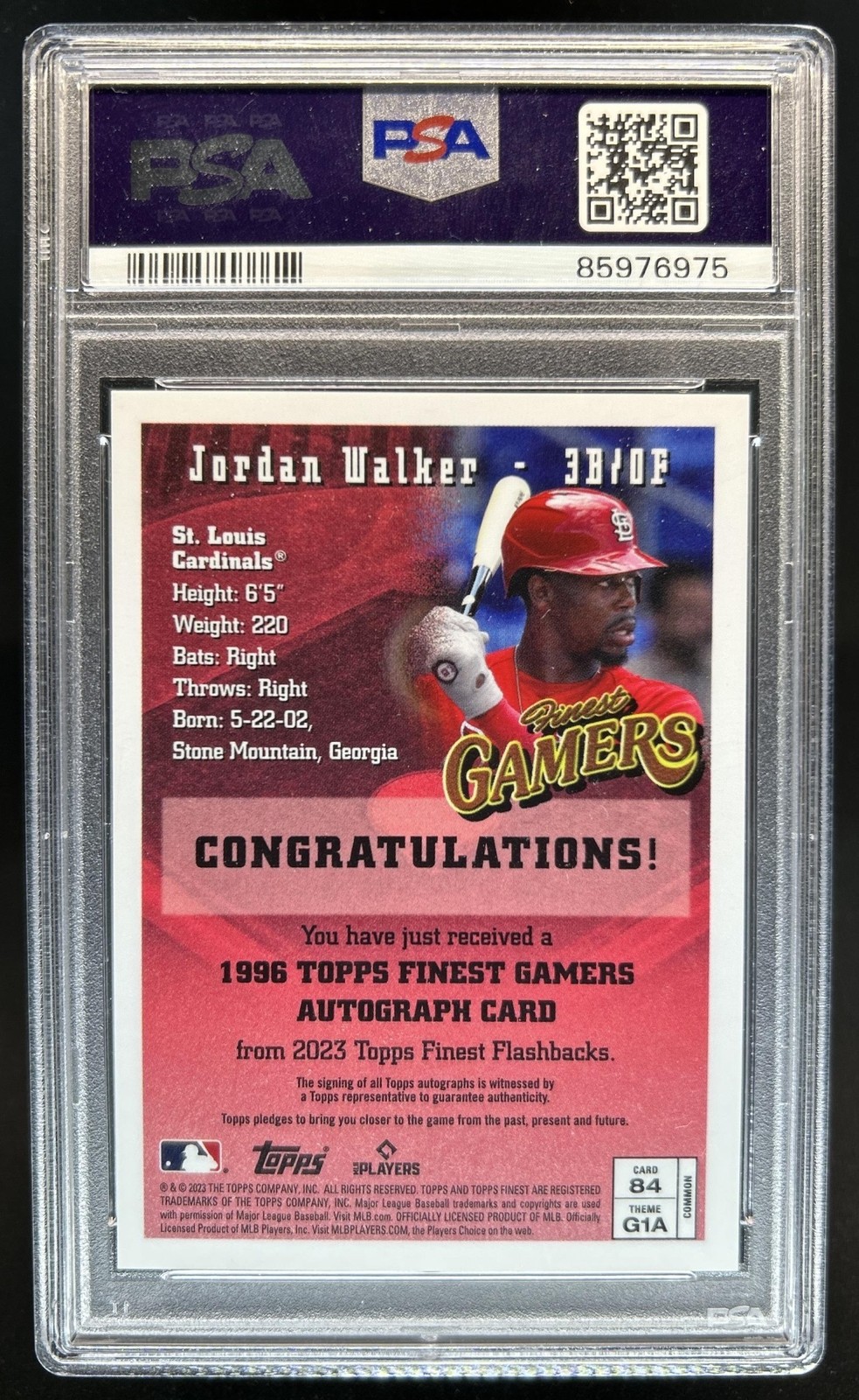 2023 Topps Finest Flashbacks Jordan Walker Auto RC #/100 Cardinals PSA 9 10 view 2