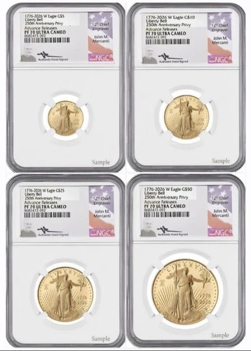 2026-W AGE (4) COIN FRACTIONAL GOLD SET  1oz, 1/2oz, 1/4oz & 1/10oz NGC PF70 AR