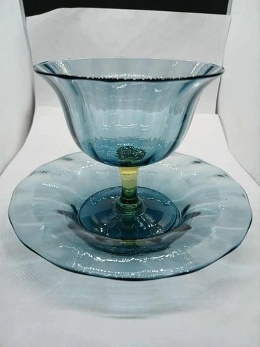 Rare 2 color Carder Steuben Antique Green Sherbet and Underplate #2680