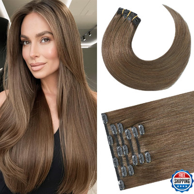 Newfeeling Brown Clip in Hair Extensions 18 Inch 75g Real Human Hair Natural Sil