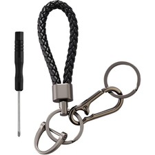 Braided Leather Keychain with Heavy Duty Metal Ring Anti-Lost D-Ring for Car