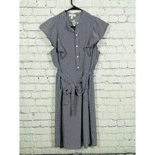 Monteau Dress Women Large Striped Ruffle Sleeve Midi Blue White New Pockets Belt