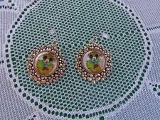 Disney Mickey Mouse Dangle Earrings- Round Dome with Silver Flowers Border
