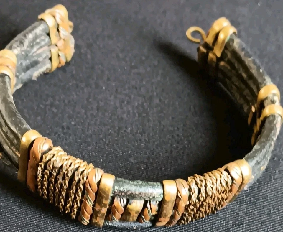 Dark Leather Hand Crafted Bracelet With Brass And Copper Accents - Image 3 of 4