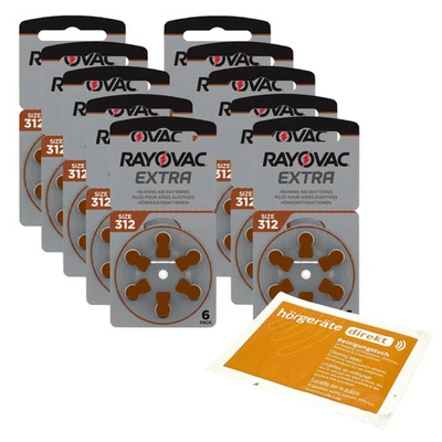 60x Rayovac Extra Advanced 312 Hörgerätebatterie + DIREKT Reinigungstuch