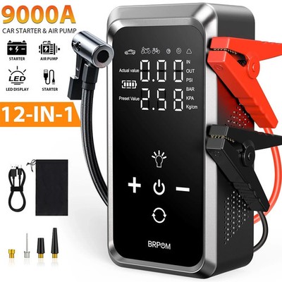 9000A Peak 12V Starthilfe mit Luftkompressor LED Licht USB Batterie Booster UK