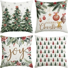 Christmas Pillow Covers 18x18 Set of 4 Red Green Winter Linen Xmas Home Decor