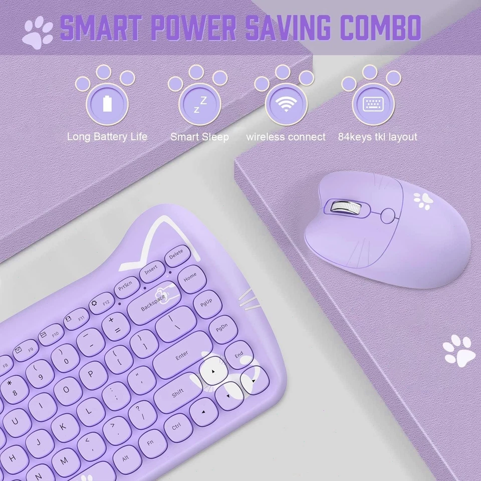 AJAZZ A3060 2.4G Wireless Retro Cute Cat Keyboard&Mouse Set 84 Keys Ergonomic - Image 3 of 4