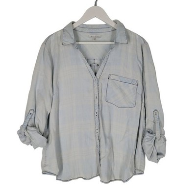 Skies Are Blue Button Down Shirt Women 2X Light Blue Plaid Lace Up Back Roll Tab