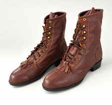 Vtg J Chisholm Kiltie Packer Ankle Boots Brown Leather Lace Up USA Made Womens 8