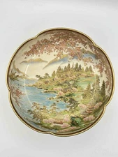 Antique Japanese Satsuma Bowl Matsuda Signed, Gilt Sakura Landscape 9.75"