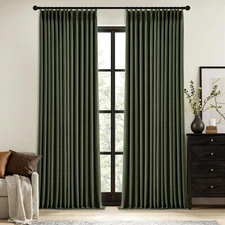 MIULEE Olive Green Pinch Pleated 100% Blackout Linen Curtains 90 Inch Length 2 P