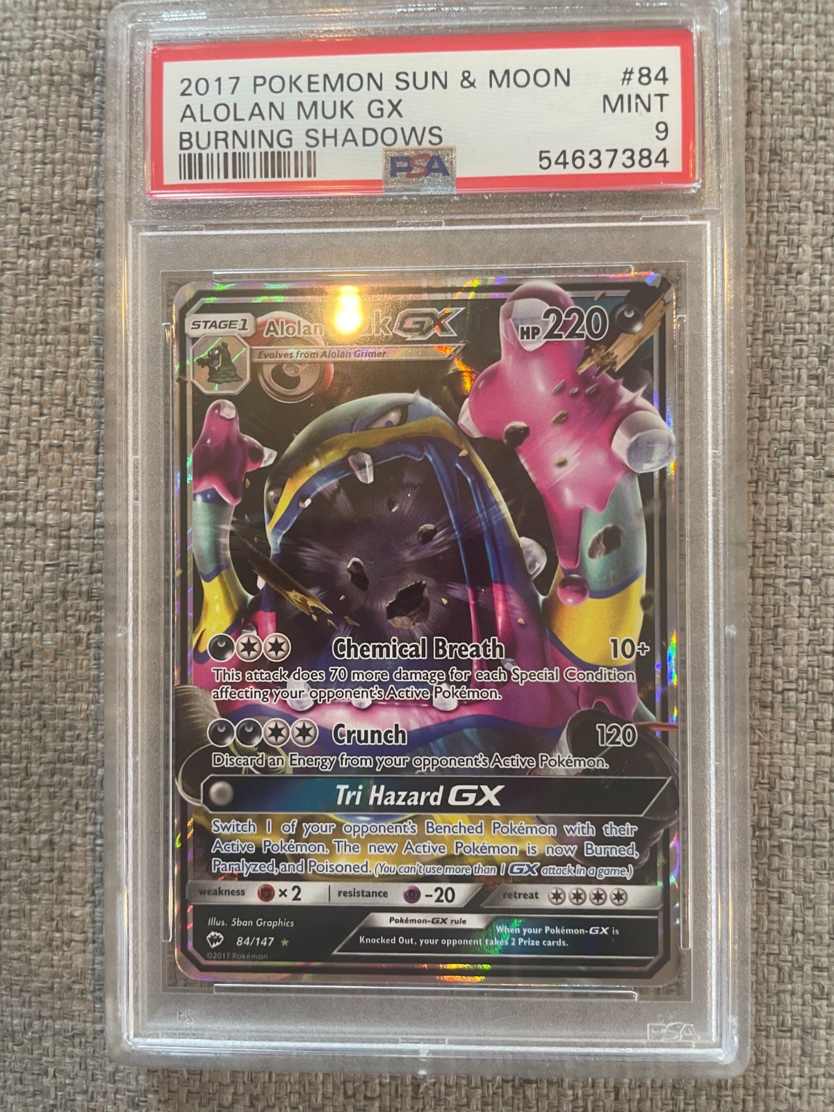 2017 Alolan Muk GX 84/147 Sm-Burning Shadows Holo PSA 9