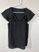 Paper Moon Black Crisscross Front Blouse Size S Women's Lightweight V Neck