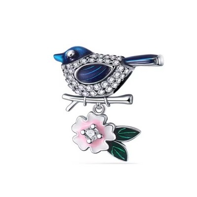 Bird & Flower Dangle Charm Fit Bracelet Necklace, 925 Sterling Silver