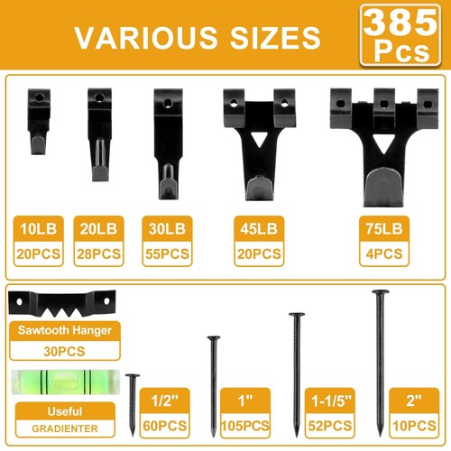 Picture Hangers 385Pcs Picture Hanging Kit with Heavy Duty Picture Hanging Hook - Picture 3 of 7