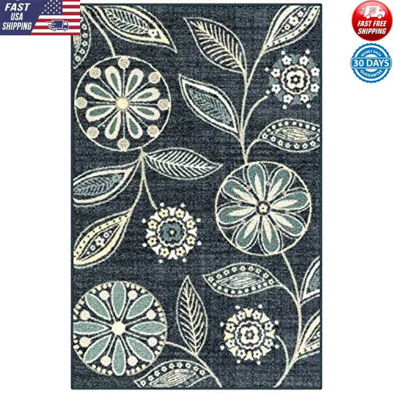 Low Pile Floral Kitchen Rug Washable Non-Slip Accent Mat Durable Area Mat Tufted