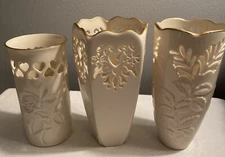 Lenox Set Of (3) Filigree Vases Hearts And Leaves