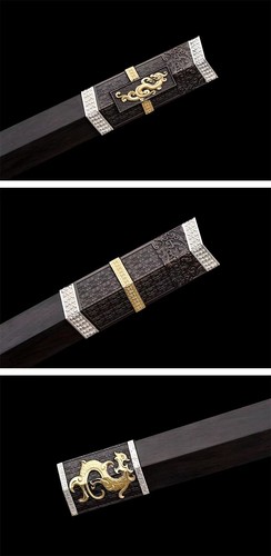 Handmade China Han Sword Short Blade Damascus Steel Groove Edged Ancient Dragon - Picture 9 of 14