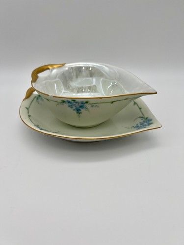 ANTIQUE Lusterware Gravy Sauce Boat Under plate Forget Me Not Bavaria Gold Rim - Picture 4 of 16