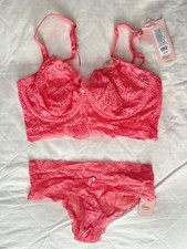 Boux Avenue Strawberry Pink Rowena Longline Bra Size 36E + Knickers Size 8 NEW