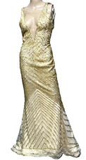 Ines Di Santo Gold Beaded Sequin Embroidered Backless Long Dress Gown 0 / 2