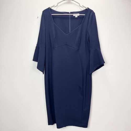 Calvin Klein Navy Blue Slit Flare Sleeve V Neck Sheath Dress Size 12 - Picture 2 of 9
