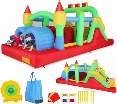 Inflatable Bounce House with Blower, Extra Wide Slide, Two Tunnels, Obstacles US