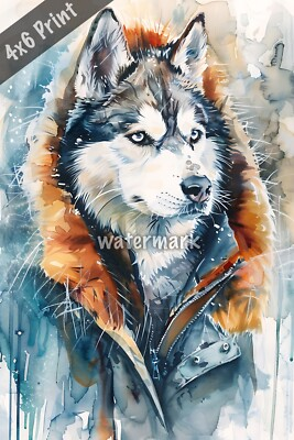 #ad Dog Siberian Husky in winter coat watercolor Art 4x6 Print $8.40