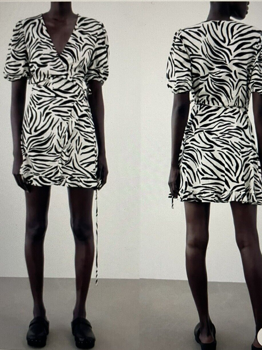 ZARA Wrap Dress Animal Zebra Print Black & White Linen Blend Ruffle Trim Size S image 2