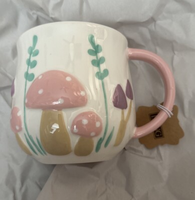 Whimsical By Lang Pink Mushroom Green Garden Coffee Tea Mug Cup Cottagecore