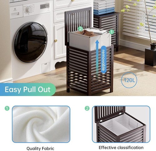 Elegant 120L Bamboo Laundry Hamper with Removable Liner - 2 Compartment Sorter - Picture 8 of 11