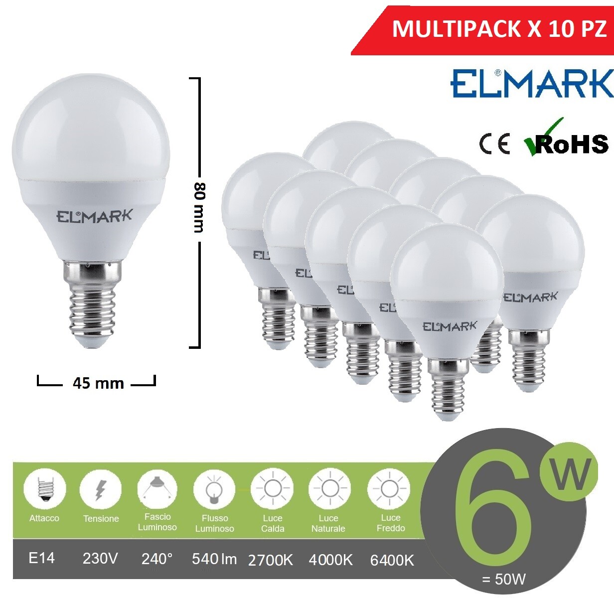  X10 lampadina led globo G45 E14 6w attacco piccolo sfera bianco basso consumo