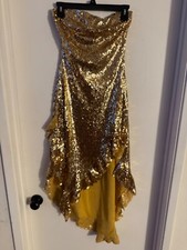 Women "Urban Outfitters" gold sequins strapless uneven hem, dress. Size Small