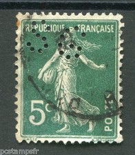 FRANCE 1907, timbre perforé 137, type SEMEUSE, oblitéré, PERFIN STAMP, LOT 002