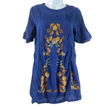 Free People Womens Dress Size Small Blue Boho Embroidered Floral Peasant Mini