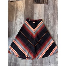 Vintage 70s Chevron Stripe A-Line Skirt BlackOrange Rust Polyester Knit Size 7/8