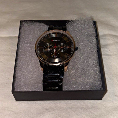 CURPEN Men's Dress Quartz Watch Black Dial Gold Case Black Steel Bracelet Box
