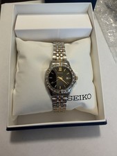 Seiko SUR730 Two Tone Black Dial Swarovski Crystals Womens Dress Watch MSRP $260