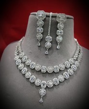 Crystal CZ Silver Plated AD Jewelry Indian Wedding Necklace Earrings Set