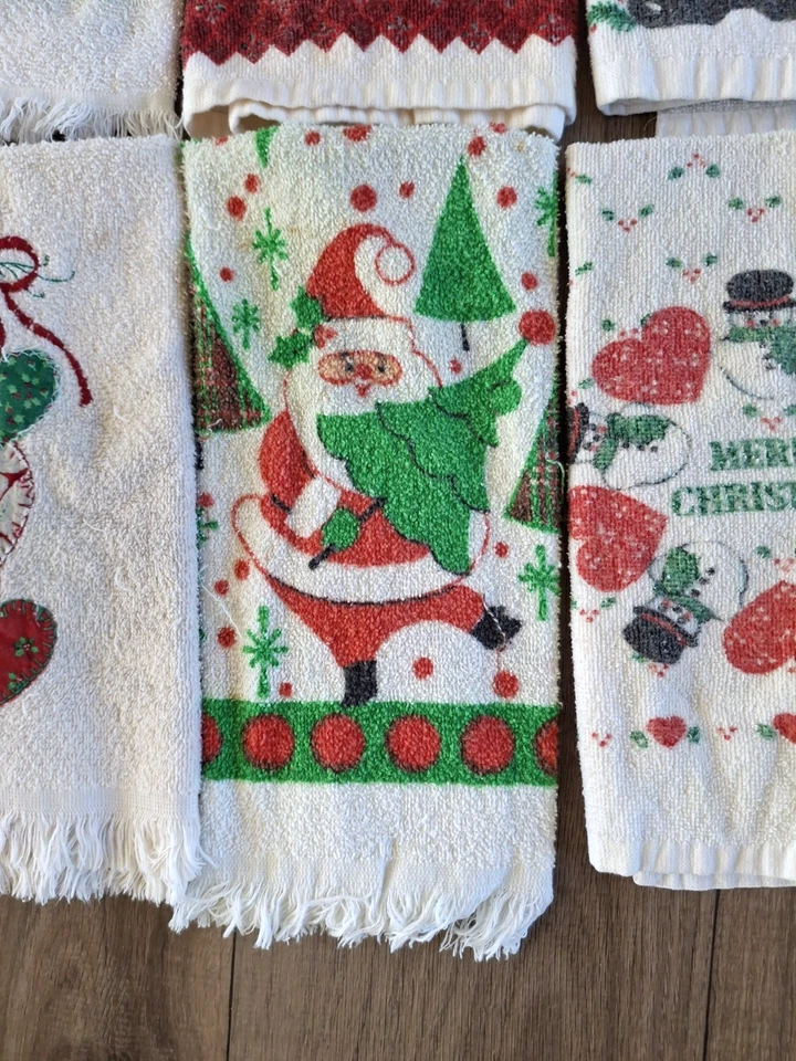 Vintage Christmas Holiday Santa Snowman Kitchen Towels *Very USED*  Lot Of 10 - Image 3 of 4