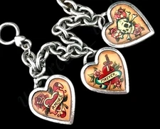 Rare 8" Vintage Classic Hardware Charm Bracelet Hearts Skull Bones Roses Love